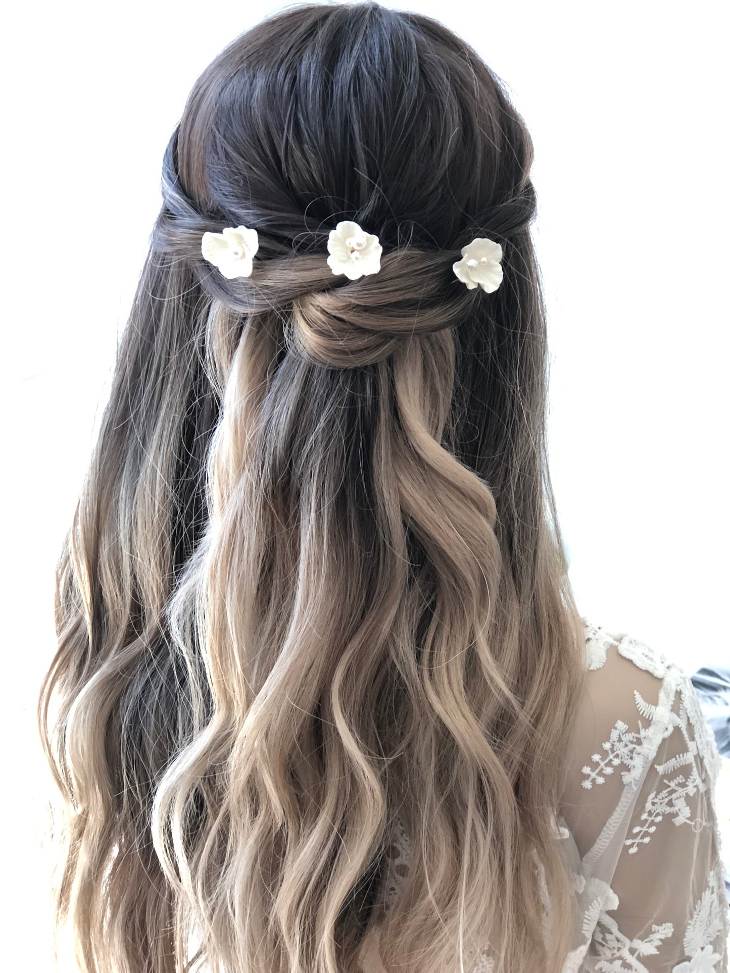 3 épingles à chignon de fleurs en porcelaine