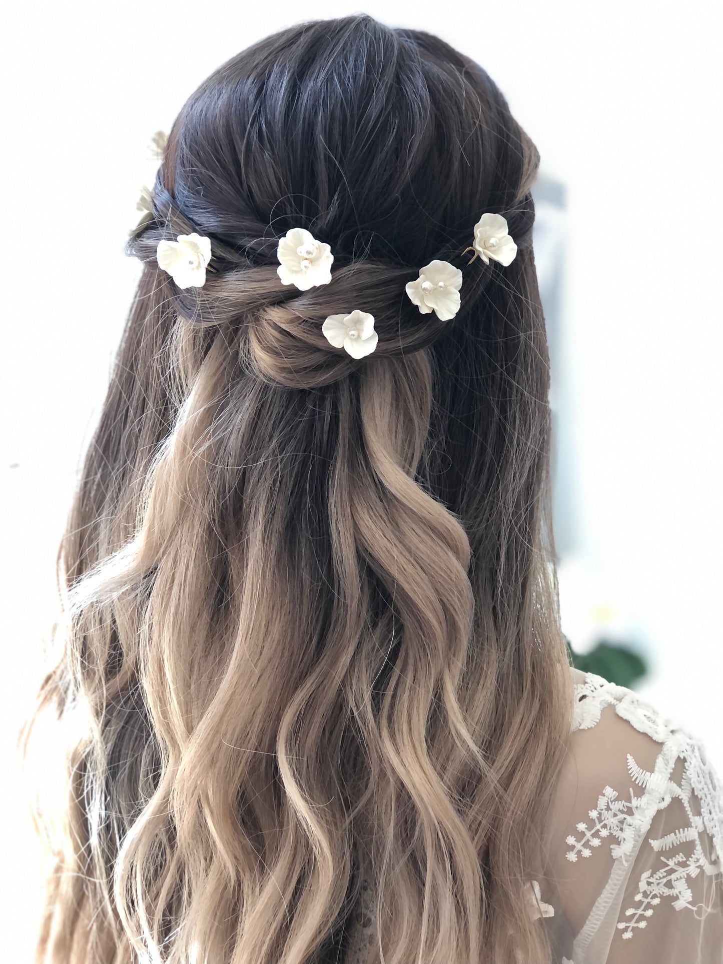 Set de 7 épingles à chignon de fleurs en porcelaine