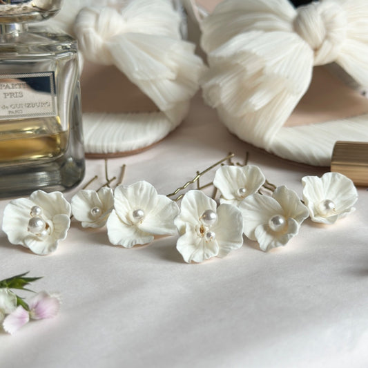 7 pics cheveux fleur blanches et perle