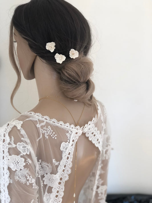 3 épingles à chignon de fleurs en porcelaine