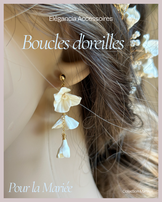 Boucles d’oreilles élégante mariage fleurs tombantes porcelaine et or