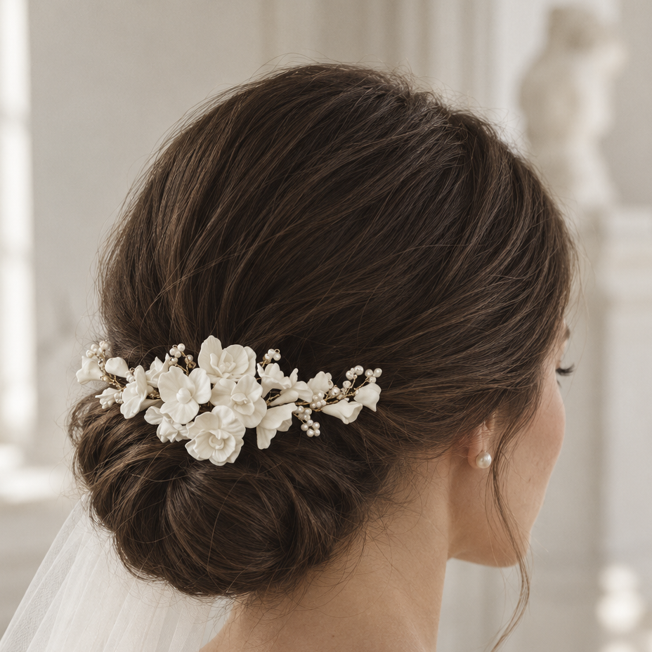 Peigne mariage avec fleurs en porcelaine froide et perles - Embelli