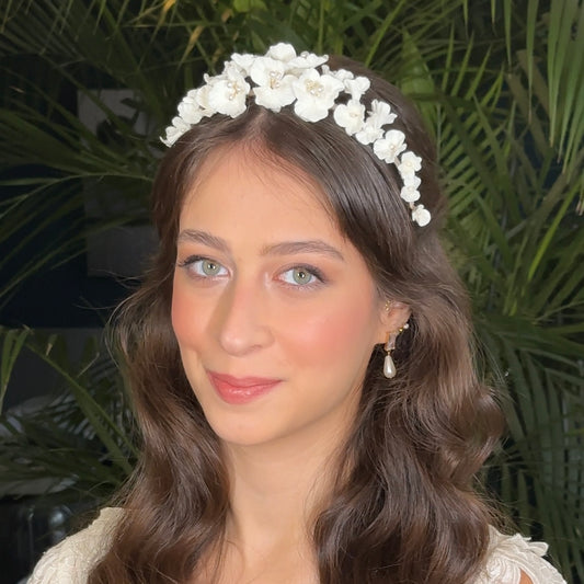 Couronne mariage avec fleurs de porcelaine froide et perles - Elégancia