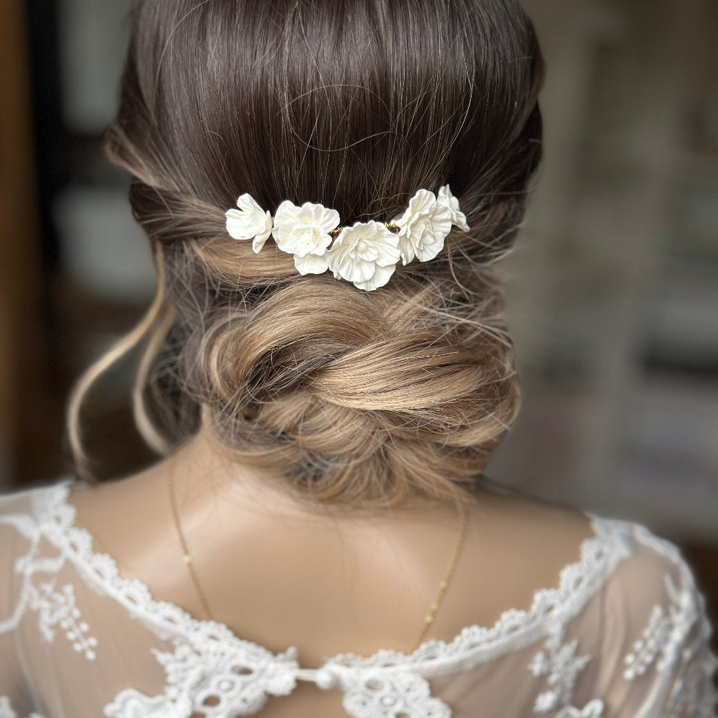 PEIGNE CHEVEUX FLEURS PORCELAINE